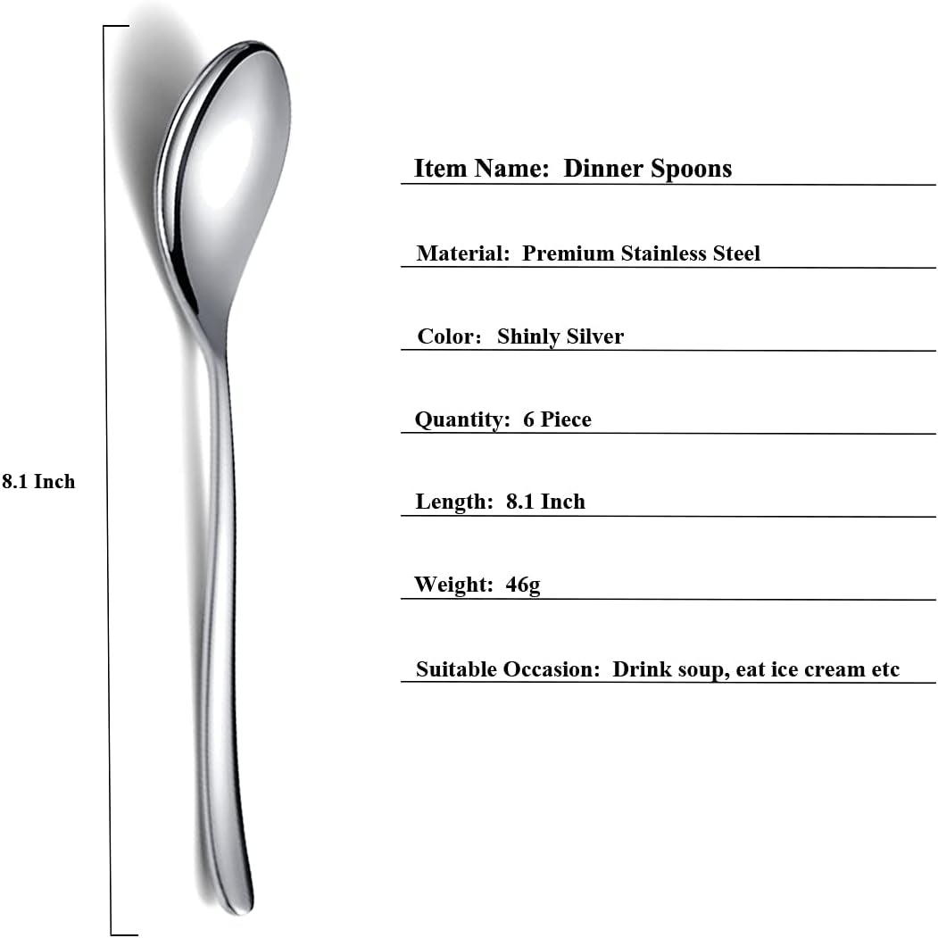 Dinner Spoons 6 Piece, 8.1'' Stainless Steel Tablespoons, Soup Spoons, Dessert Spoons, Spoons Silverware for Home, Kitchen or Restauran,Dishwasher Safe (Silver)