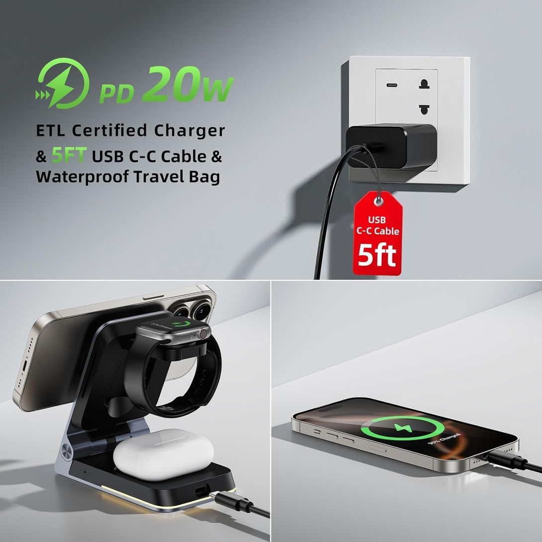 Aluminum 3 in 1 Wireless Charging Station,Foldable Wireless Charger for Apple Magsafe with Light,Portable Travel Magnetic Charger Stand for Iphone 16/15/14,Watch,Airpod, Include PD 20W Adapter & Case