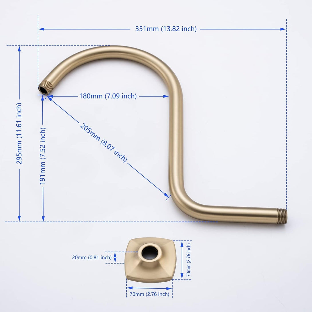 13 Inch High Rise S Shape Shower Extension Arm with Flange,Brushed Gold Shower Head Extender Arm Wall Mounted,Standard 1/2" Connection-Bathroom Accessory,Sw-91098-13Bg.