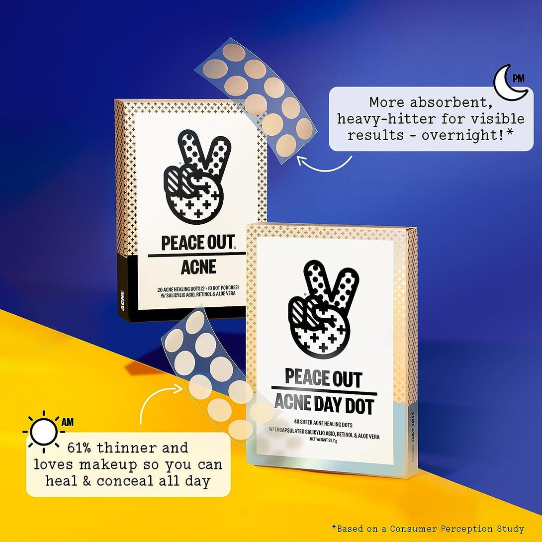PEACE OUT Acne Day Dot, Sheer Acne Healing Dots, Virtually Invisible Wear, Hydrocolloid Pimple Patches Helps Clear Blemishes Quickly with Encapsulated Salicylic Acid, Retinol & Aloe Vera, 20 Dots