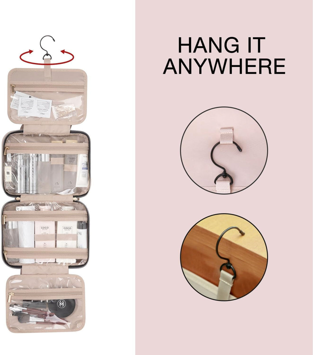 BAGSMART Toiletry Bag Travel Bag with Hanging Hook, Water-Resistant Makeup Cosmetic Bag Travel Organizer for Accessories, Shampoo, Full Sized Container, Toiletries, Large-Blue