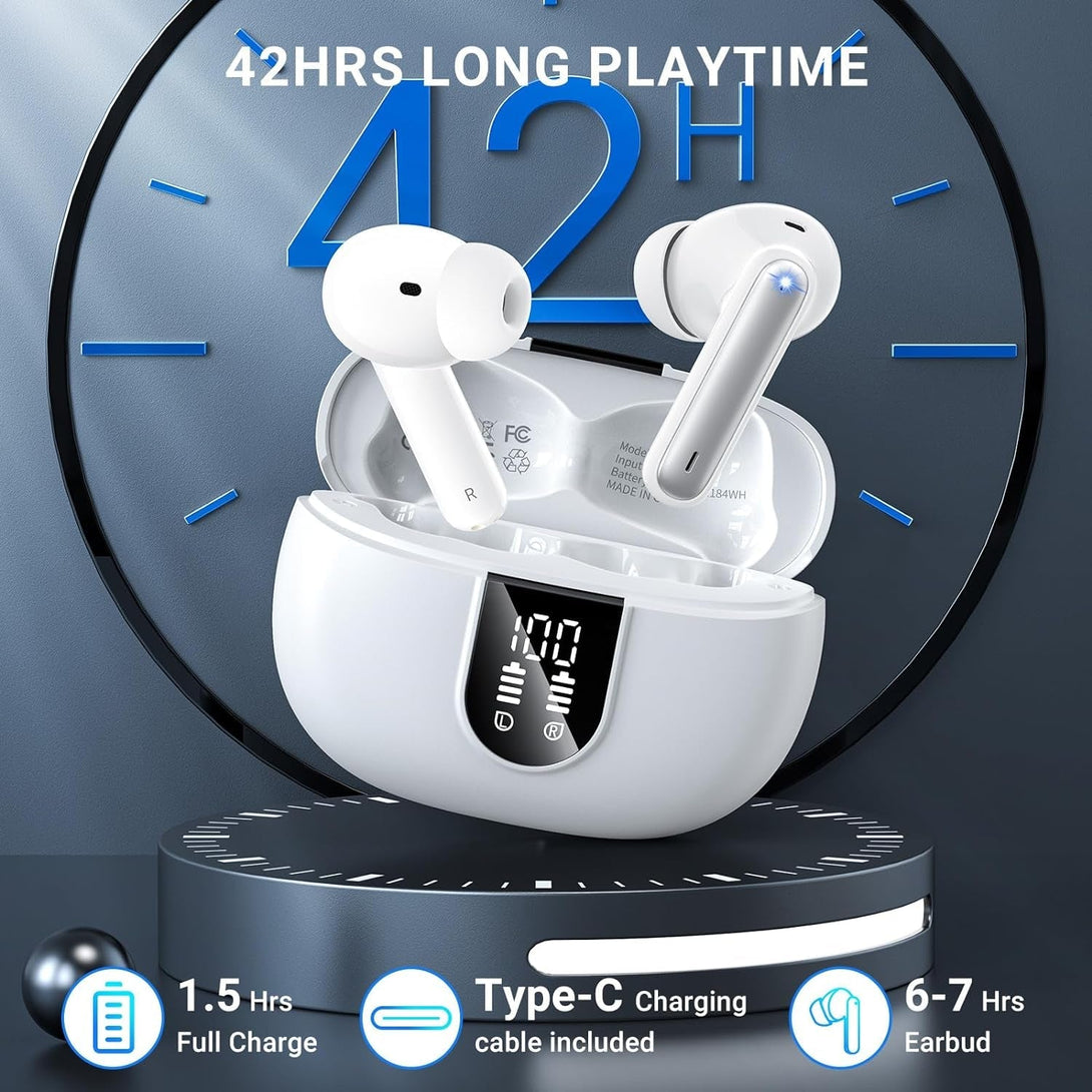 Wireless Earbuds, 2024 Wireless Headphones Hifi Stereo Earphones with 4 ENC Noise Canceling Mic, 42Hs Playtime in Ear Earbud, Bluetooth 5.3 Sport Earphones with LED Power Display for Android Ios White