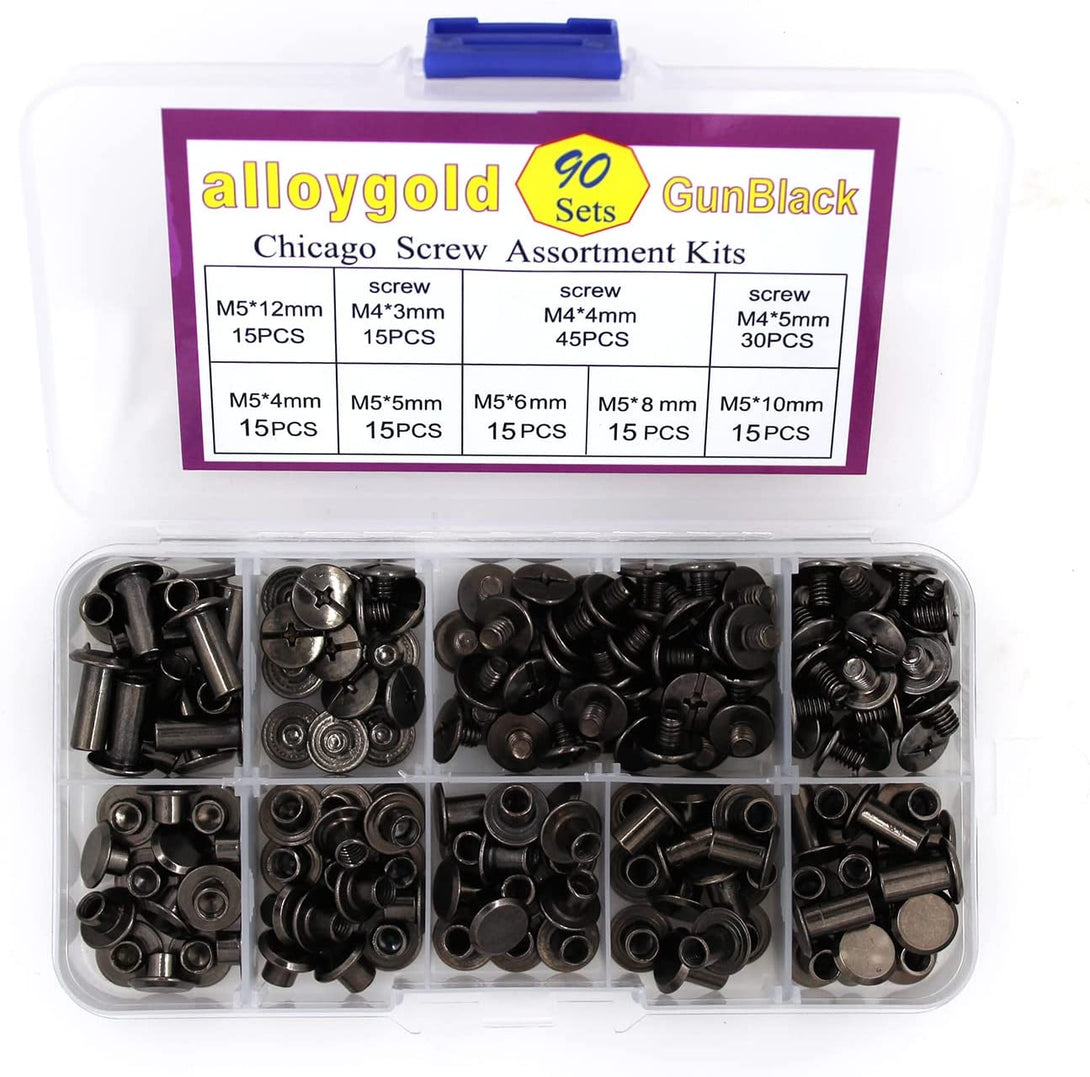 90 Sets Black Chicago Screw Leather Assorted Kit ，6 Sizes of Screw Rivets for Leather Rivet ，For DIY Leather Craft and Bookbinding (M5 X 4, 5, 6, 8, 10, 12)