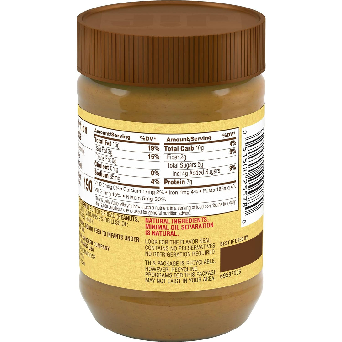 Jif Natural Creamy Peanut Butter Spread and Honey, 16 Ounces, Contains 80% Peanuts