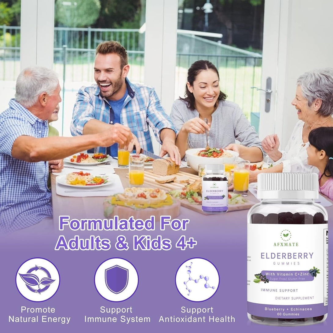 AFXMATE Sambucus Elderberry Gummies, Black Elderberry Gummy with Zinc and Vitamin C for Adults, Sugar Free Kids Multivitamin Gummies Immune Support* Supplement (2 Pack)