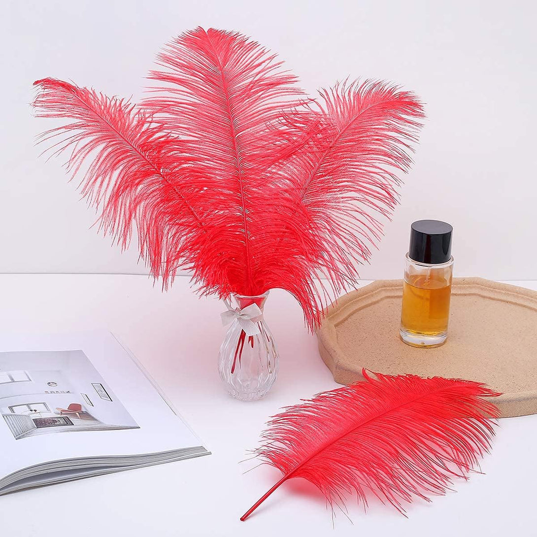 24Pcs Natural Bright Red Ostrich Feathers 10-12Inch (25-30Cm) for Wedding Party Centerpieces，Flower Arrangement and Home Decoration.