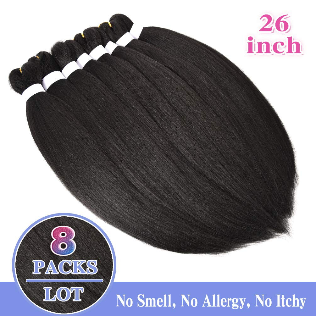 8 Pack Braiding Hair Pre Stretched - 26" 100G/Pack Premium Pre Stretched Braiding Hair Extensions, Professional Itch Free Hot Water Setting Perm Yaki Texture Prestretched Hair(1B)