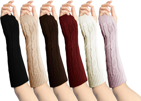 6 Pairs Long Fingerless Gloves, Cable Knit Arm Warmer Sleeve Premium Long Thermal