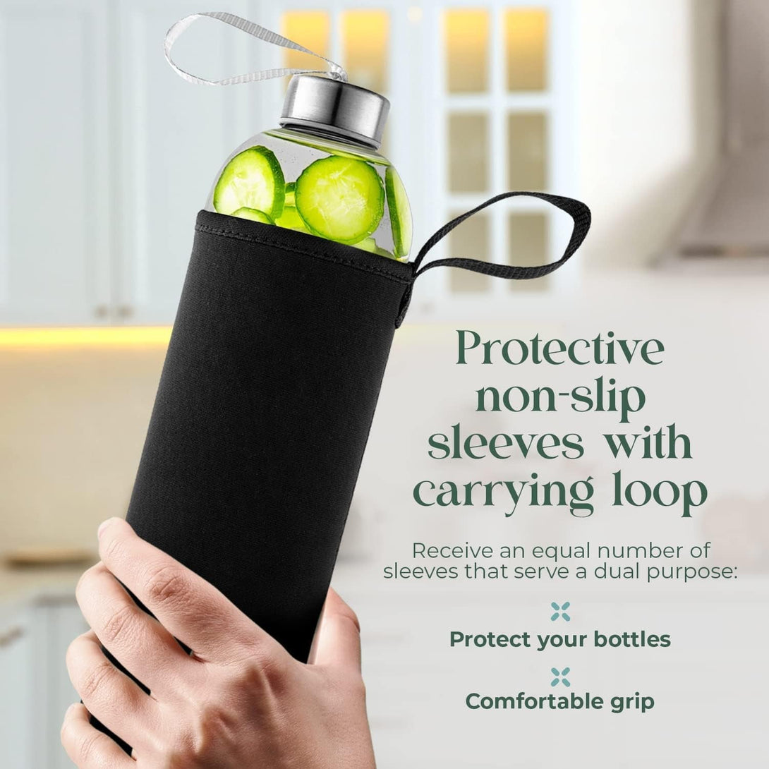 16 Ounce Glass Water Bottles, Reusable Water Bottles with Airtight, Pack of 6, Stainless Steel Lids Carrying Strap and Nylon Water Bottle Protective Sleeves for Hot or Cold Drinks