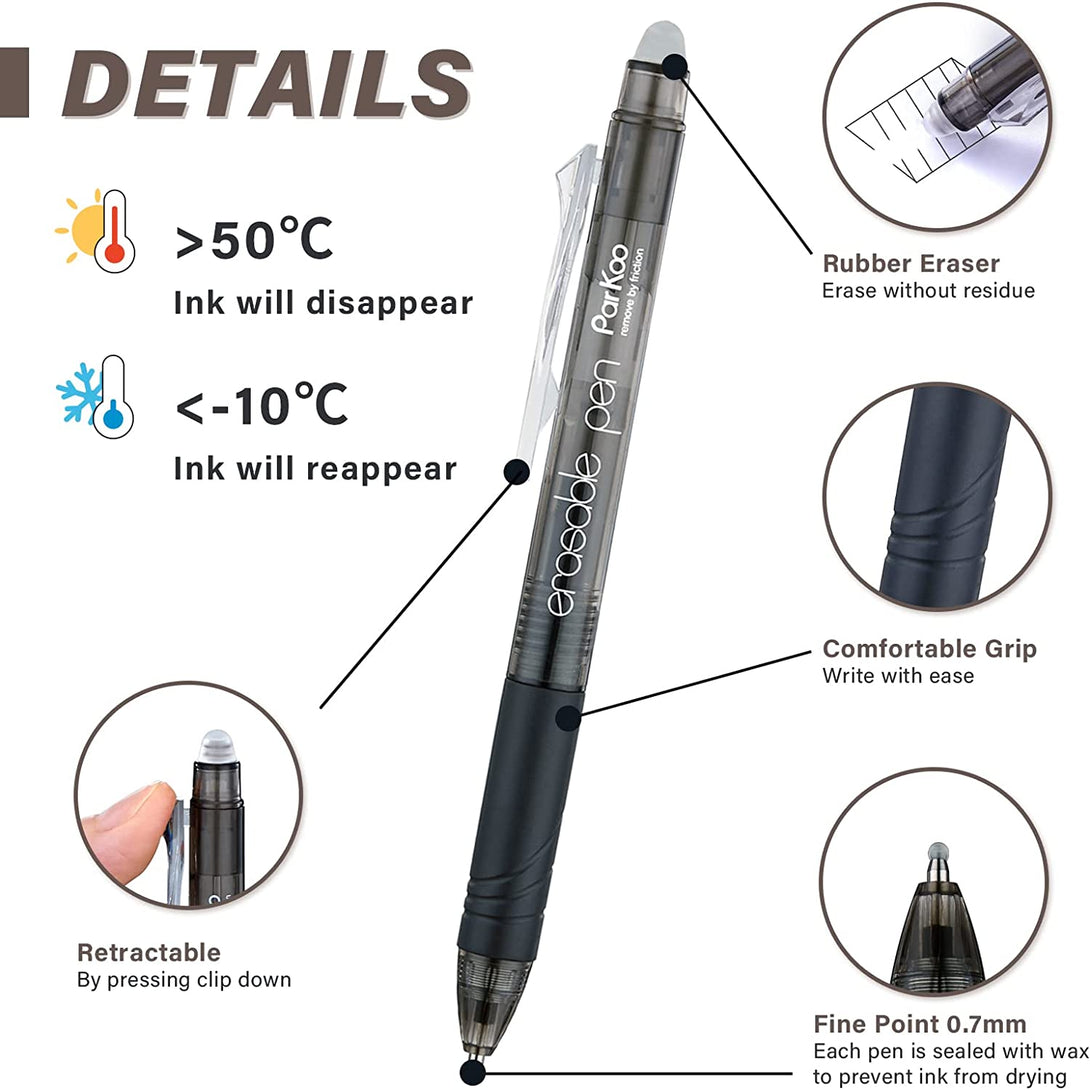 Parkoo Retractable Erasable Gel Pens Clicker Fine Point 0.7 Mm, No Need for White Out, 6 Black/6 Blue Ink for Completing Sudoku and Crossword Puzzles