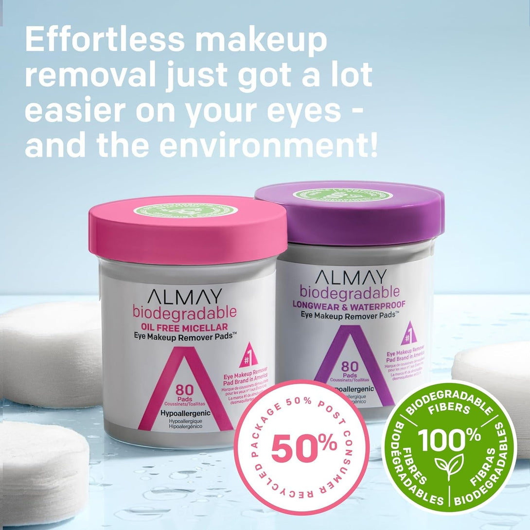 Almay Biodegradable Makeup Remover Pads, Longwear & Waterproof, Hypoallergenic, Fragrance-Free, Dermatologist & Ophthalmologist Tested, 120 Count