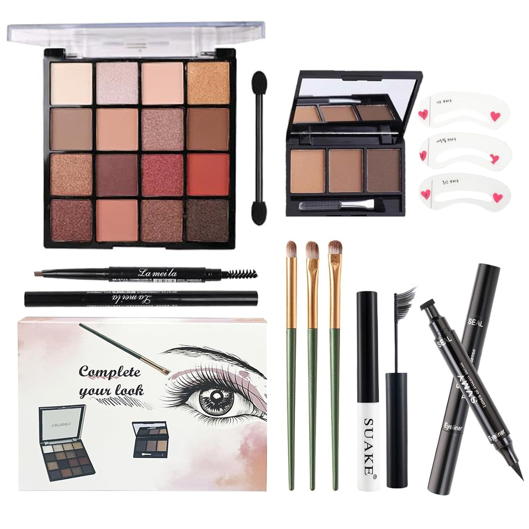 All in One Makeup Kit for Girls - 16 Colors Naked Eyeshadow Palette, 3Pcs Makeup Brushes, Waterproof Eyeliner Pencil, Eyebrow Powder,Eyebrow Pencil,Mascara, Women and Beginners Teens Makeup Gift Set