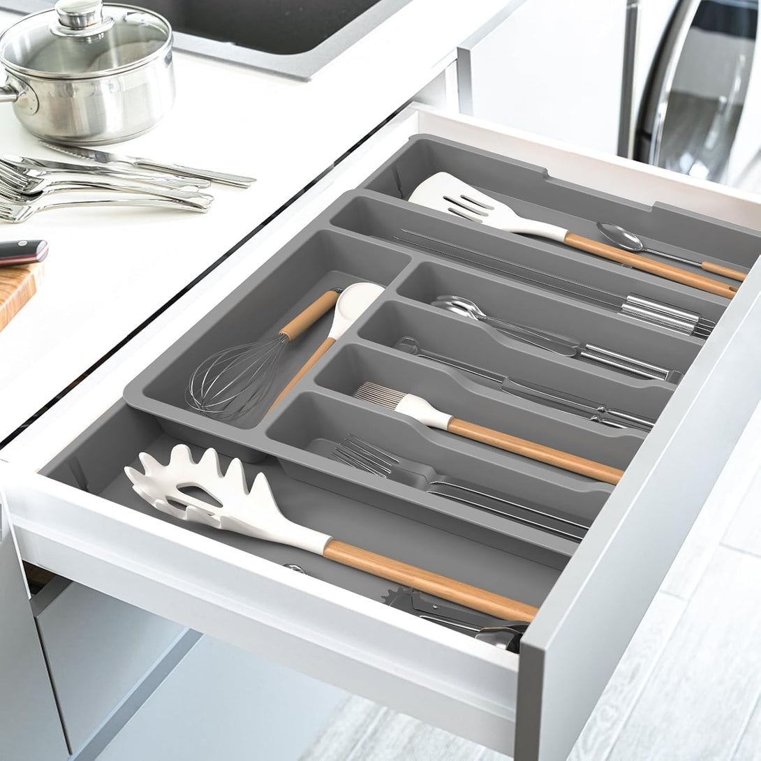 Idavosic.Ly Silverware Drawer Organizer, Expandable Utensil Tray for Kitchen Drawers, Adjustable Plastic Cutlery Flatware Holder for Knife Fork Spoon with 8-10 Compartments (Large, Gray)