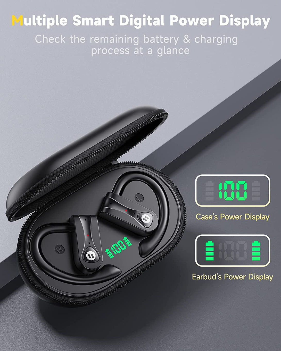 Wireless Earbuds 4 Mic Clear Call Bluetooth Headphones Wireless Charging Case Stereo Bass Sound 60H Playtime over Ear Earphones LED Digital Display Headset with Earhooks for Sports Running Workout Gym