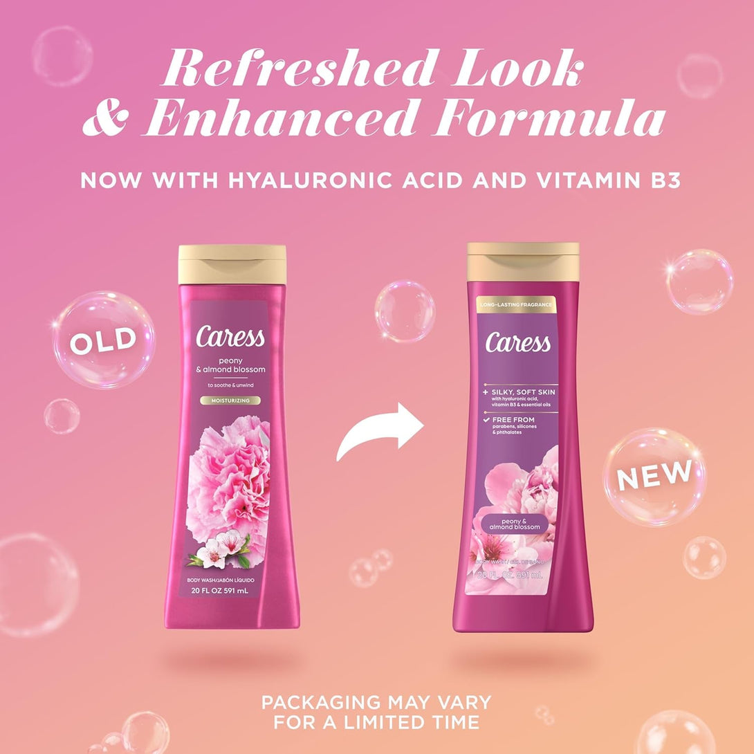 Caress Body Wash for Women, Peony & Almond Blossom, Shower Gel Moisturizing Body Wash for Fresh, Smooth Skin to Soothe and Unwind, 20 Fl Oz, (Pack of 4)