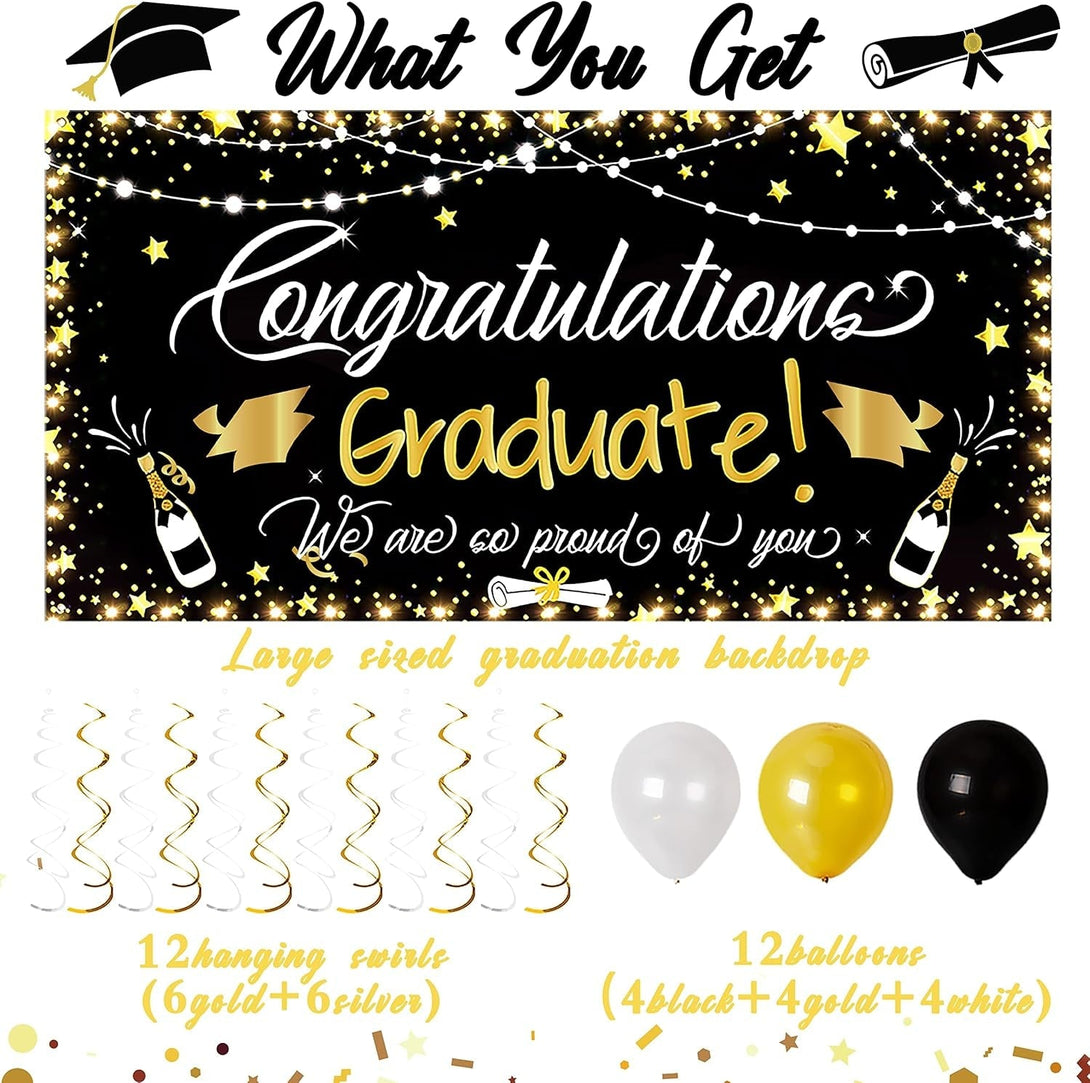 90Shine Graduation Decorations Class of 2025 - Lighted Large Congrats Grad Banner Garland Photo Backdrop+Balloons+Hanging Swirls Party Supplies (25PCS, Black, Not Include Battery)