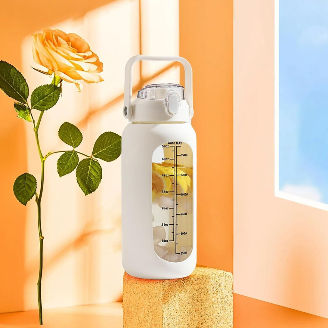 64 Oz Glass Water Bottle with Straw and 2 Lids, Half Gallon Water Bottle with Sleeve, Large Insulated 2 Liter Glass Water Jug Time Marker with Handle