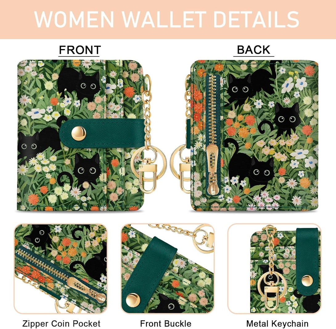Black Cat Floral Rfid Women Wallet, Small Slim Thin Credit Card Wallet, PU Leather Bifold Cash Zipper Coin Pocket ID Window for Female Ladies Teen Girls Girly