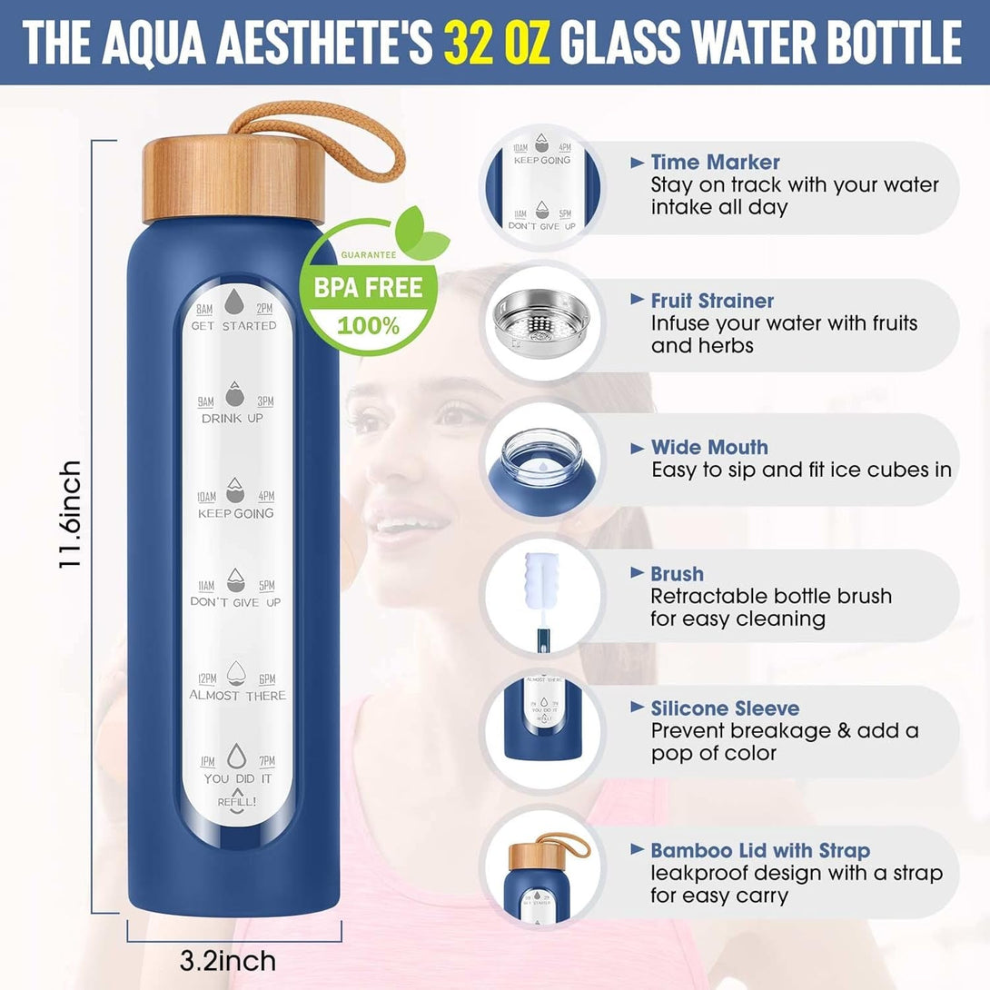 Aqulea Glass Water Bottles 32 Oz with Silicone Sleeve - BPA Free Reusable Wide Mouth Glass Motivational Water Bottles with Fruit Infuser – Leak Proof Borosilicate Water Bottle with Time Marker (Blue)
