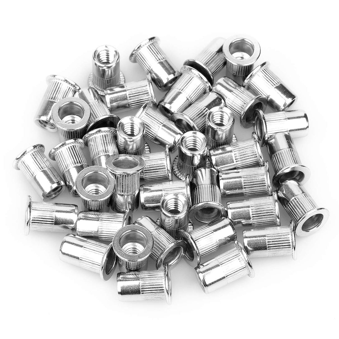 40Pcs 1/4”-20 Rivet Nuts Stainless Steel Threaded Insert Nut 1/4-20UNC Nutsert Rivnuts Flat Head Knurled Body