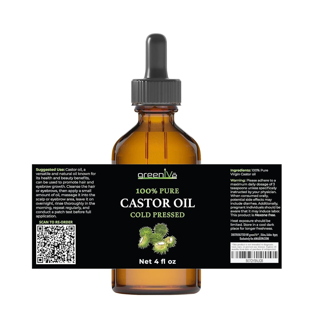 Greenive Castor Oil Organically Grown 100% Pure 4 Fl Oz Bottle Cold Pressed, Hexane Free, Eyelash and Eyebrow Growth Serum, Skin Moisturizer Detox and Wraps