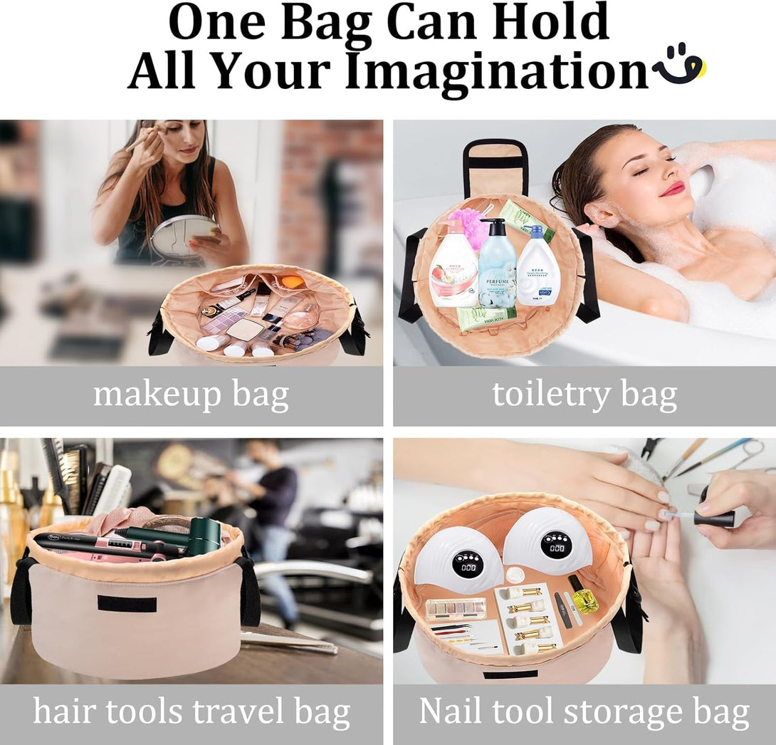 Barrel Drawstring Makeup Bag Large Travel Makeup Bag,Portable Large Capacity Cosmetic Bag Toiletry Organizer for Travel Accessories Make up Essentials and Hair Product,Gifts (Khaki)