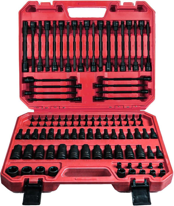 AMM 107PCS Allen and Torx Bit Socket Set, 1/4", 3/8" and 1/2" Drive,Extra Long Torx/Tamper Proof Torx/Hex/Ball End Hex,Sae/Metric Socket Set, S2 Alloy Steel Bits