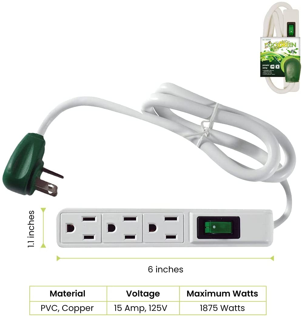 Go Green Power Inc. 2.5Ft 3-Outlet Power Strip - Compact, Durable, Ideal for Travel & Home Use with Right-Angled Plug and Circuit Breaker - GG-13002MS