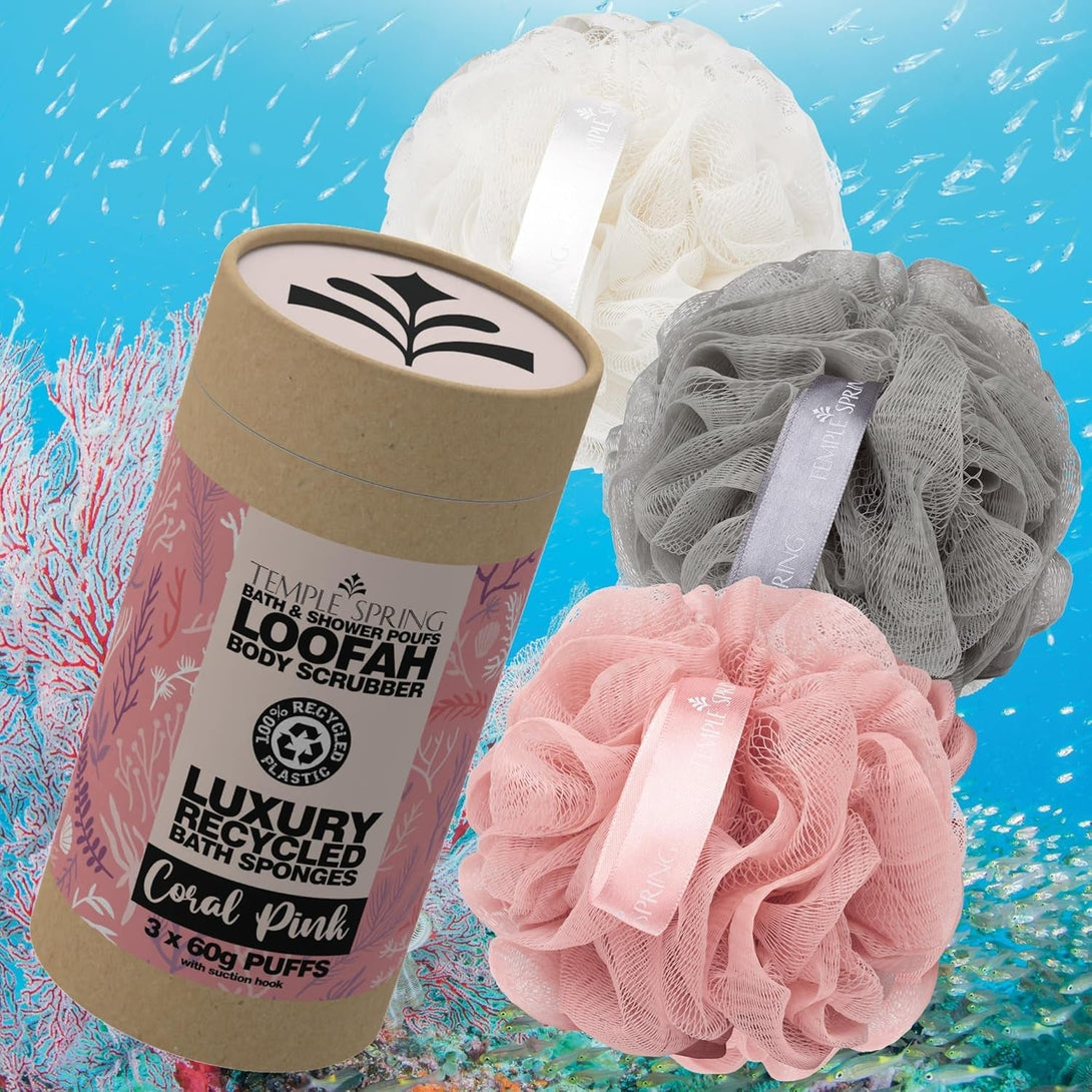 Temple Spring Recycled Luffa Sponges, Bathroom Shower Accessories, Loofa Bath Sponge, Exfoliating Body Scrubber Exfoliator Pouf, Shower Scrubber Puff, Poof, Loofah for Women, Loofah for Men-Coral Pink