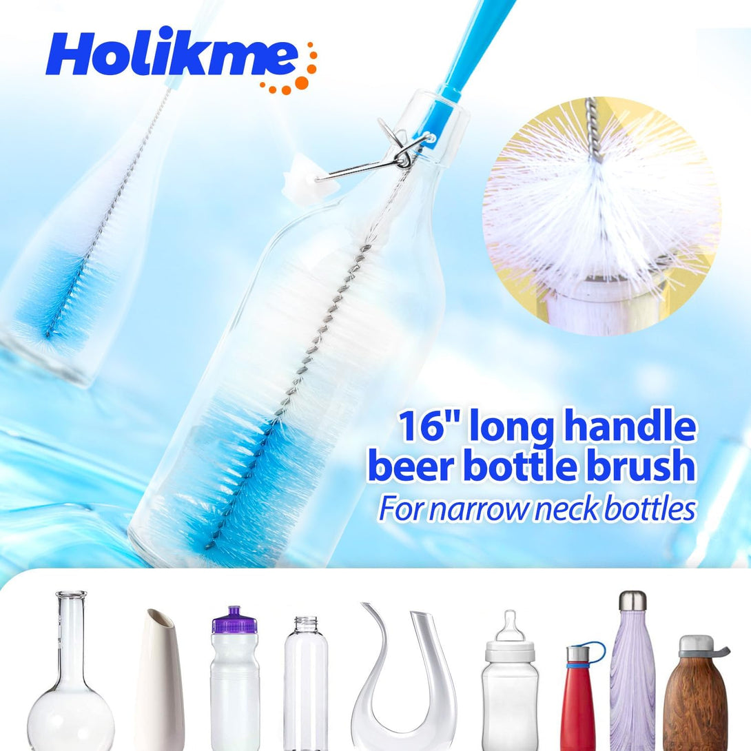 Holikme Bottle Brush Tube Cleaning Set, Long Handle Bottle Cleaner for Washing Narrow Neck Beer Bottles Wine Decanter Narrow Cup Pipes Sinks Cup Cover, White