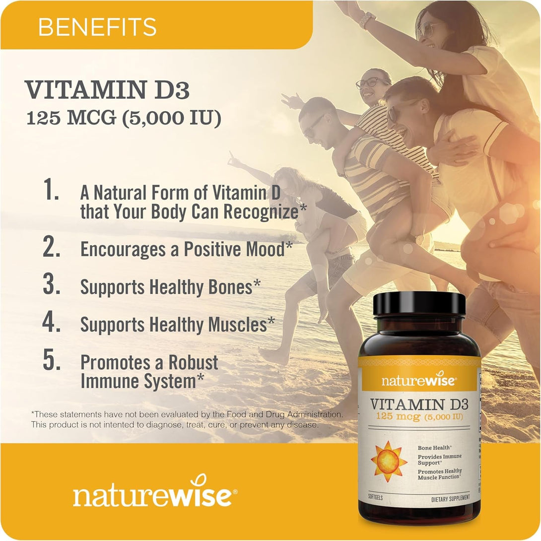 Naturewise Vitamin D3 5000Iu (125 Mcg) 1 Year Supply for Immune Support, Healthy Muscle Function, and Bone Health - Non-Gmo, Gluten Free in Organic Extra Virgin Olive Oil, (Mini Softgel), 360 Count