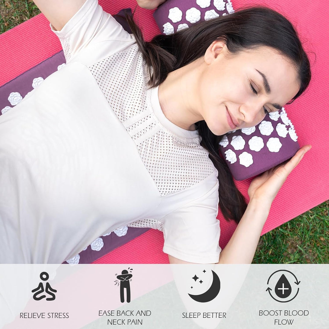 Acupressure Mat and Pillow Set with Oxford Bag, for Neck Back Pain, Muscle Relaxation Stress Relief, Relieve Sciatica and Pain Relief Set (Purple)