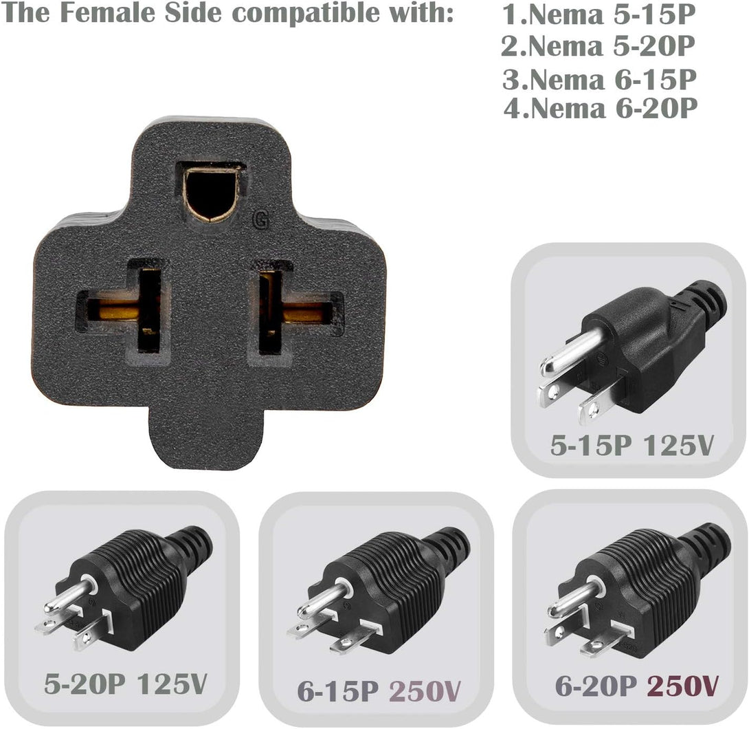 [4-In-1] 12AWG 15 Amp Household AC Plug to 20 Amp T Blade Adapter Cable,5-15P to 5-20R,5-15P to 6-15R,5-15P to 6-20R, 4 in 1 AC Adapter,15A 125V to 20A 250V 15A 125V to 20A 250V Adapter Cable, 1FT