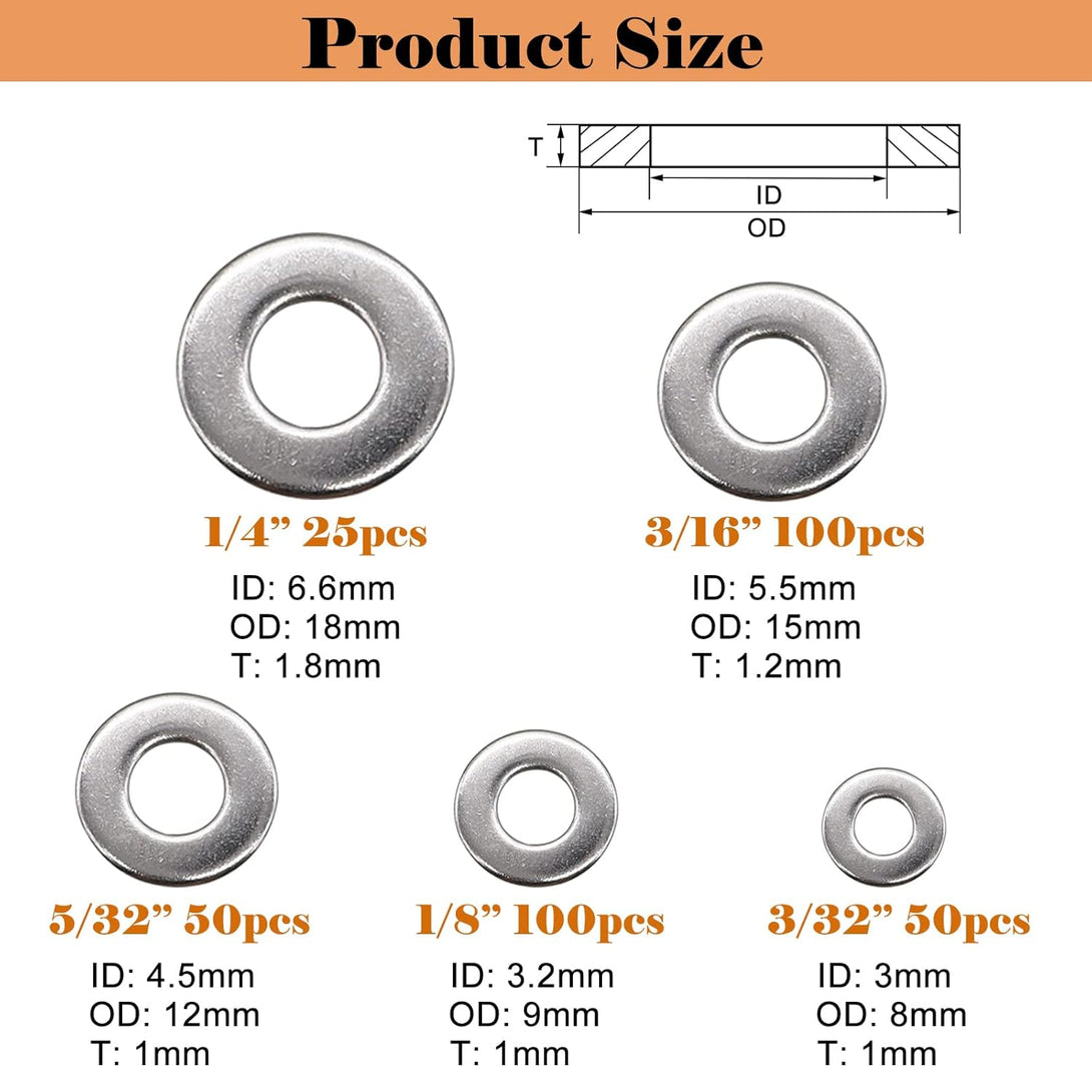 325Pcs Stainless Steel Washers for Blind Pop Rivets Assortment Kit, Backup Rivet Washers Diameter 3/32 Inch 1/8Inch 5/32Inch 3/16Inch 1/4Inch