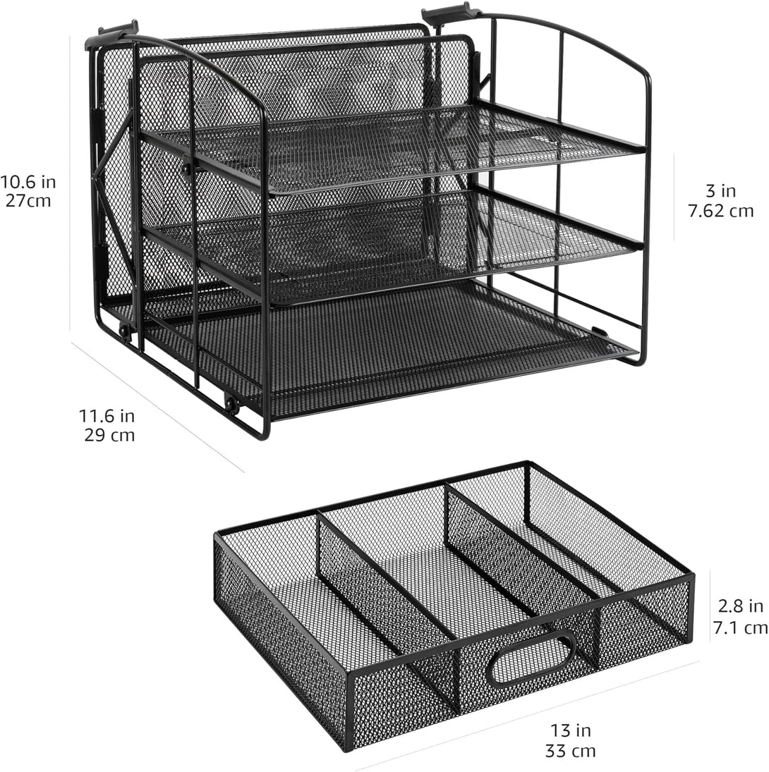 Amazon Basics Rectangular Desk Organizer 3 Tray W/Sliding Drawer and Hanging File Holder, Black