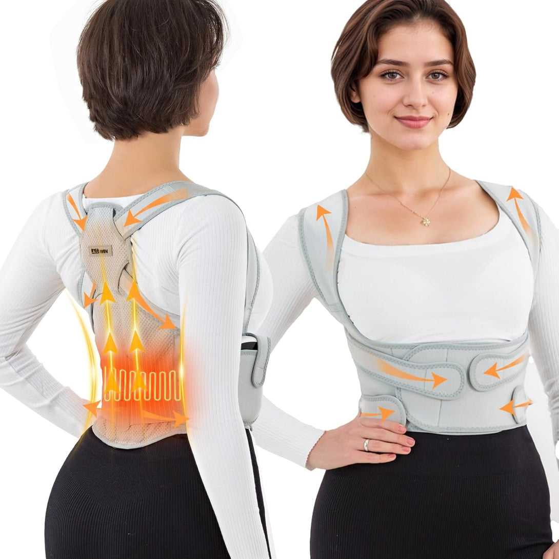 Back Brace Posture Corrector for Women and Men with Detachable Heating Pad - Adjustable Posture Corrector Belt, Relieve Pain in Upper and Lower Back, Waist, and Shoulders (Gray, Medium)