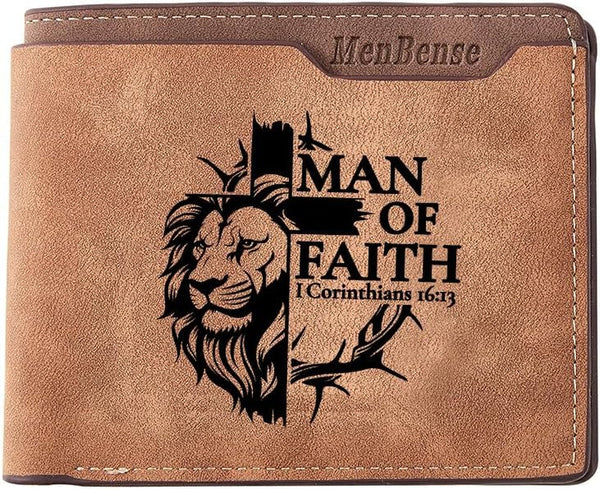 Kasutoo Men'S PU Wallet Multiple Card Slots, Id Window with Laser Engraving Pattern (Lion Man of Faith)