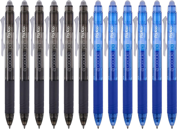 Parkoo Retractable Erasable Gel Pens Clicker Fine Point 0.7 Mm, No Need for White Out, 6 Black/6 Blue Ink for Completing Sudoku and Crossword Puzzles