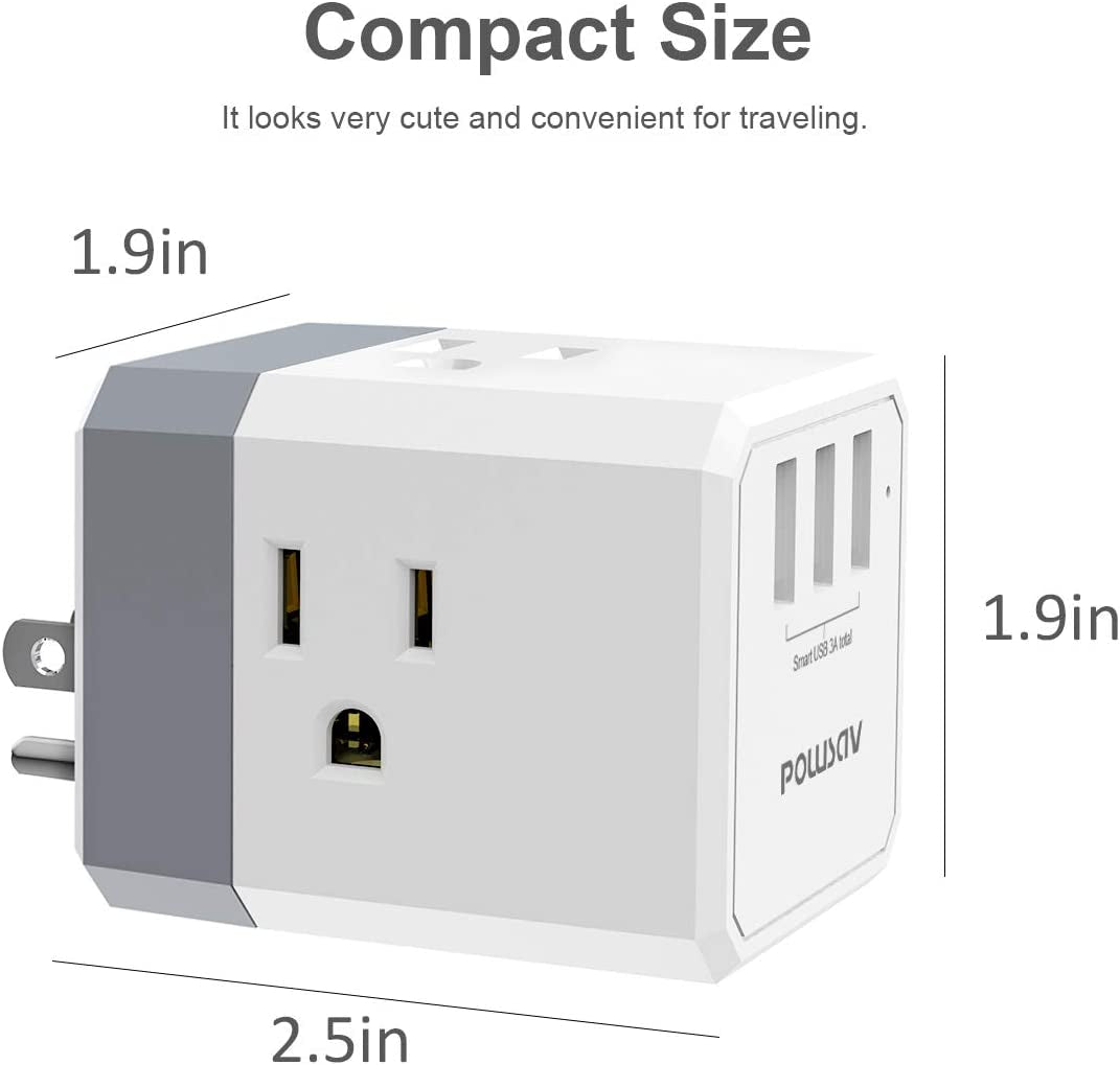 3-Outlet USB Wall Charger and Extender with 3-Way Splitter, ETL Listed - for Home, Office, Cruise Ship