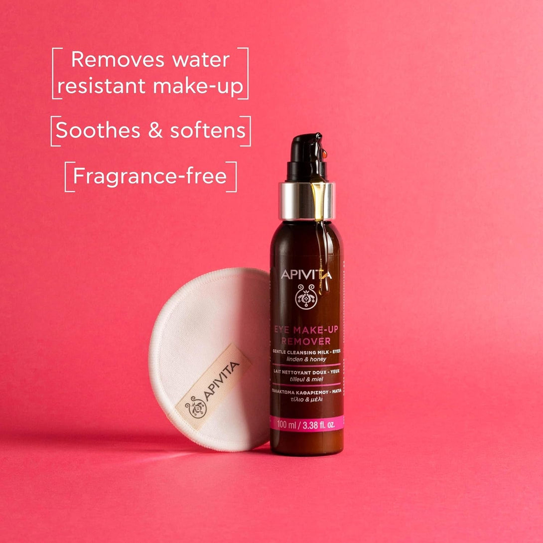 Apivita Eye Makeup Remover | Hydrating & Soothing Gentle Cleansing Milk with Linden & Honey, 100 Ml / 3.38 Oz