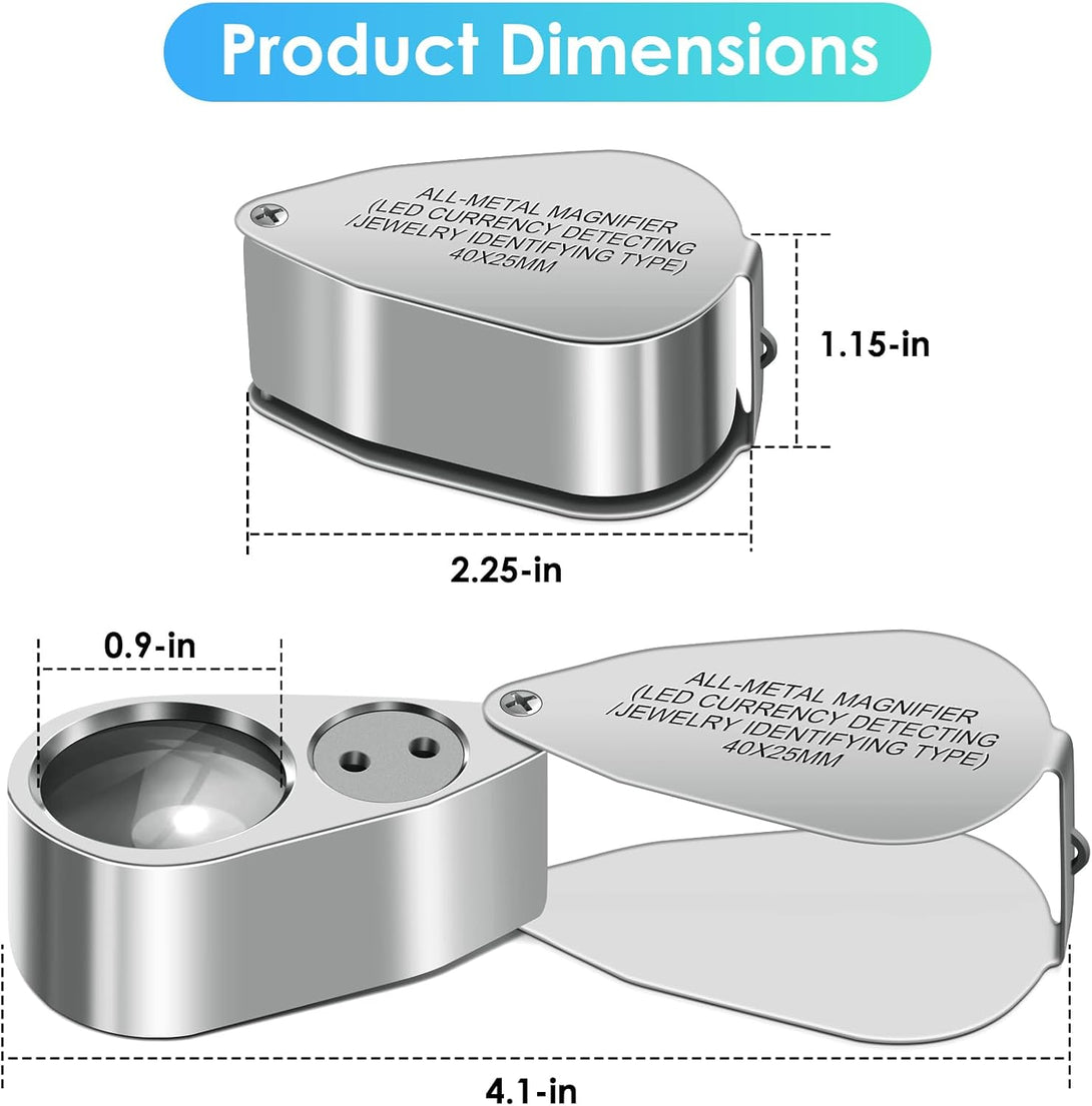 Leffis 40X Jewelers Loupe Magnifier Magnifying Glasses, LED/UV Illuminated Jewelry Loop Pocket Folding Magnifying Glass with Metal Construction for Close Work, Gardening, Kids, Stamp, Rock Collecting