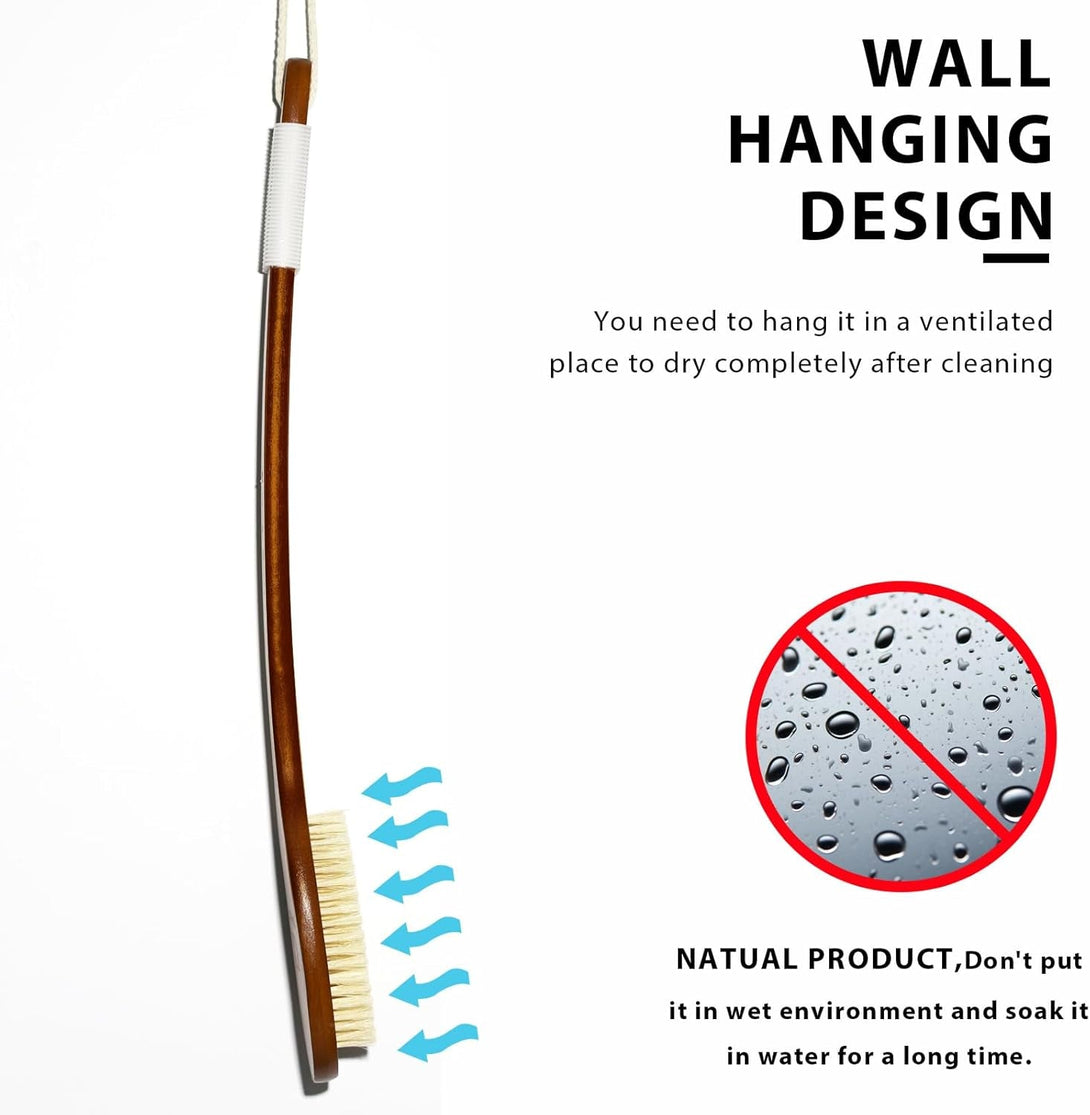 Icandoit-17.71Inch Natural Boar Bristles Anti-Slip Curved Long Handle Bath Brush,Bent Handle Shower Scrubber for Exfoliating,Shower Back Brush