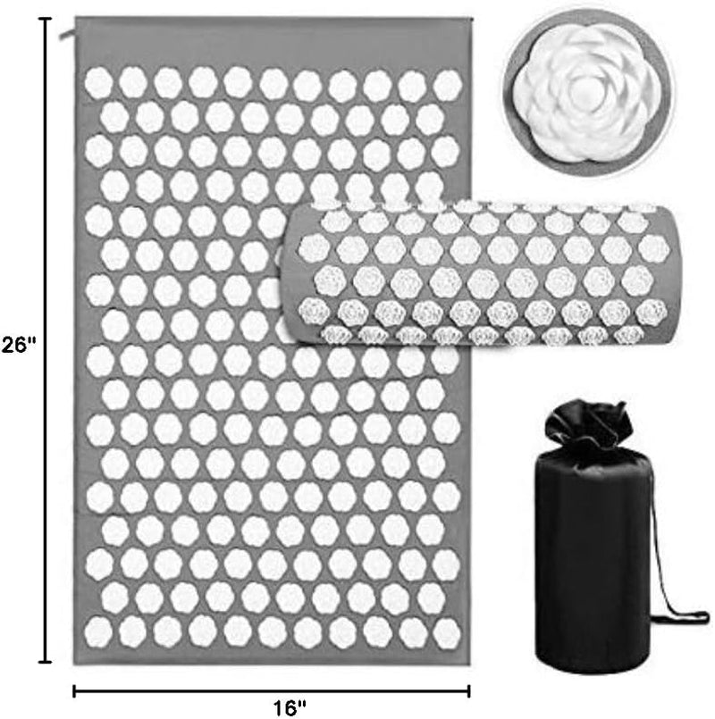 Acupressure Mat and Pillow Set Lengthen Pure Cotton Detachable Massage Pad with Same Color Carry Bag for Exercise Muscle Relaxation Fatigue Stress Reduction'S HSA Eligible. (Grey)