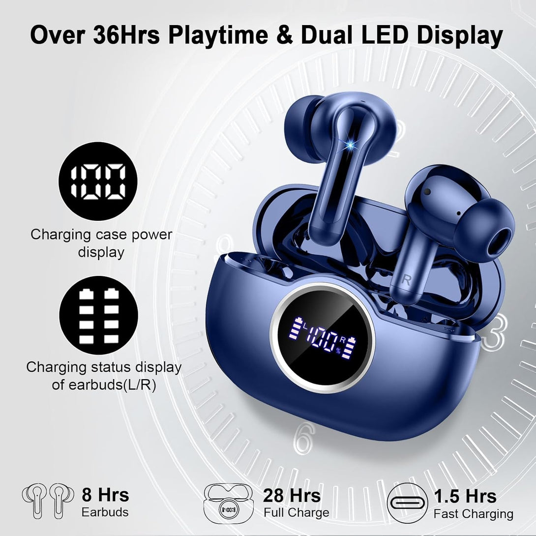 Wireless Earbuds Bluetooth 5.4 Headphones, 2025 Hi-Fi Stereo Bass Ear Buds, 4 ENC Noise Cancelling Mic 36Hrs USB-C In-Ear Earphones IP7 Waterproof Sport Workout for Laptop Pad Android Ios Phone, Blue