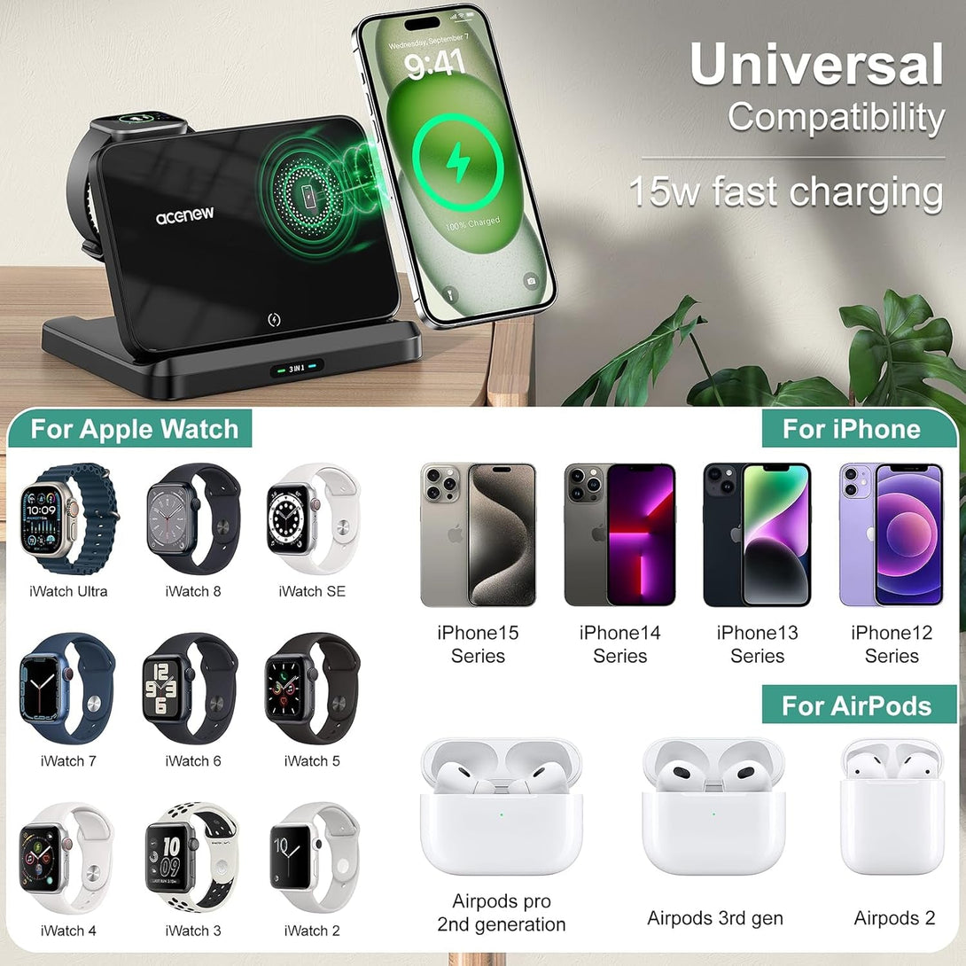 3 in 1 Wireless Charging Station for Multiple Devices Apple, Foldable Wireless Charger, Mag-Safe Charger Phone and Watch Charger, Compatible for Phone 13/14/15 Pro Max/Apple Watch/Airpods