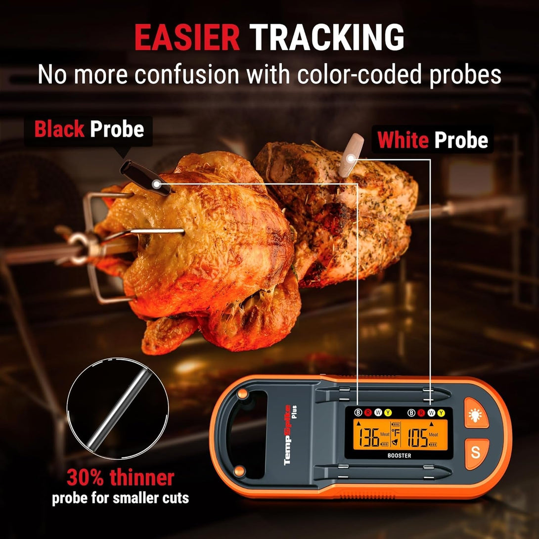Thermopro Tempspike plus 600Ft Wireless Meat Thermometer with 2 Color-Coded Probes, Bluetooth Meat Thermometer with Lcd-Enhanced Booster for Food Cooking Grill Smoker, Fathers Day Gift for Him