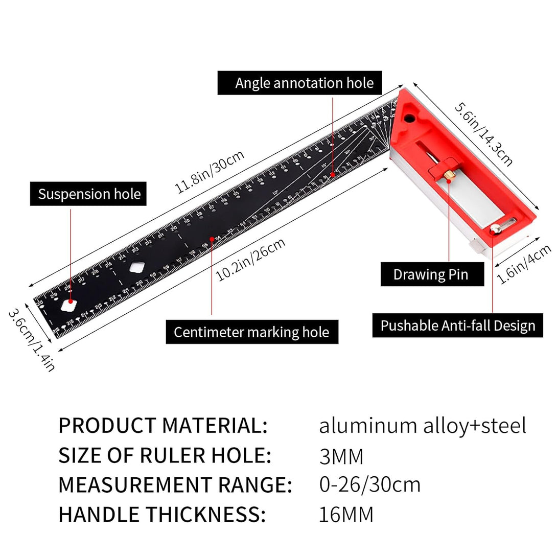 2024 New Multi-Angle Measuring Ruler, Carpenter Square, 12" Combination Framing Square, Adjustable Square 10-90 Degrees, L Square for Precise Measuring, Drawing, Woodworking, L Shape Ruler (Red)