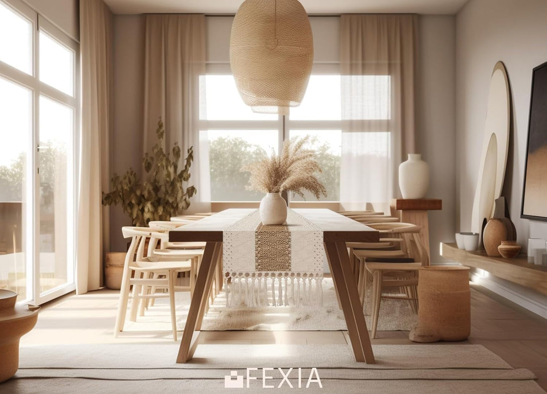 FEXIA Boho Table Runner for Summer Home Decor with Tassels 72 Inches Long Farmhouse Rustic Table Runner Macrame Burlap Table Decoration for Living Room Bridal Shower(12X72 Inches)