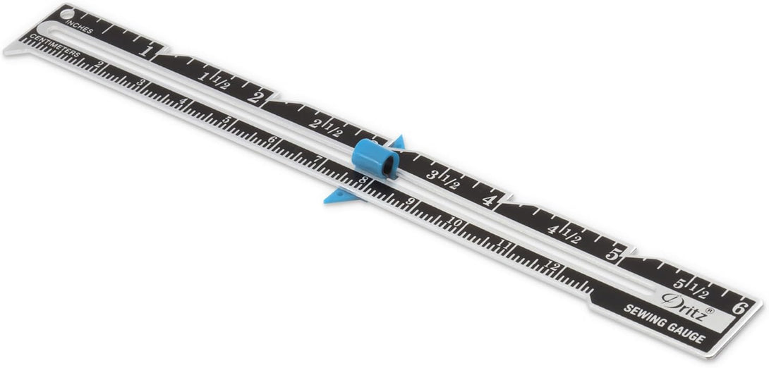 Dritz 6" Sliding Marker Sewing Gauge, Nickel with Black Printing and Blue Slider