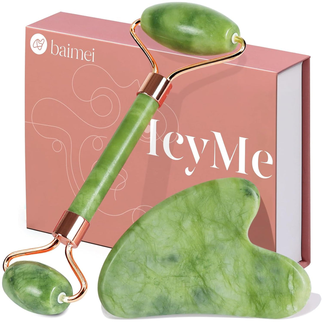 BAIMEI Icyme Gua Sha & Jade Roller Facial Tools Face Roller and Gua Sha Set for Puffiness and Redness Reducing Skin Care Routine, Self Care Gift for Men Women - Green